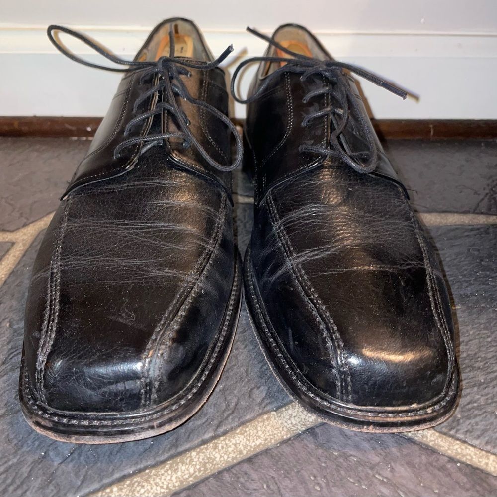 Black Leather Lace Up Flat Toe Mens Dress Shoes Size 10.5 - Picture 5 of 8